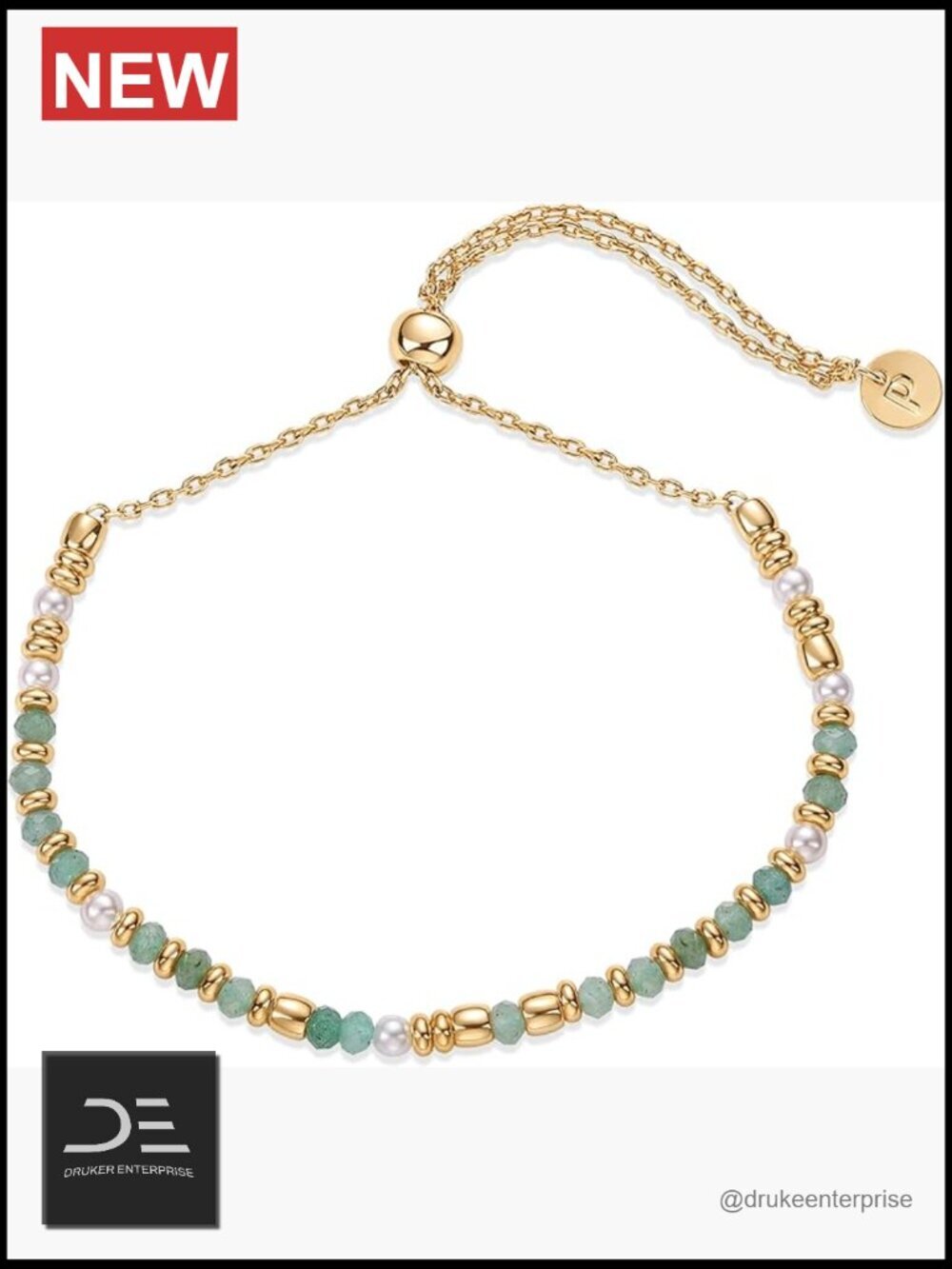 14K Yellow Gold Plated Gemstone Beaded Bracelet - Adjustable Slider Pearl